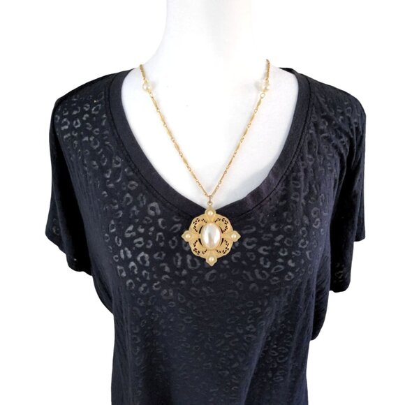 Reclaimed Vintage Jewelry - Womens Vintage Gold Tone Finish Faux Pearl Celtic Style Cross Pendant